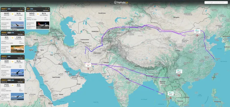 بيانات ملاحية تكشف تركز حركة الطيران على المحور الشرقي لإيران (فلايت رادار)