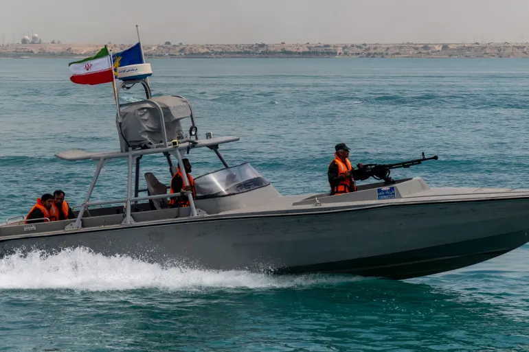 An Islamic Revolutionary Guard Corps (IRGC) speed boat is sailing along the Persian Gulf during the IRGC marine parade to commemorate Persian Gulf National Day, near the Bushehr nuclear power plant in the seaport city of Bushehr, Bushehr province, in the south of Iran, on April 29, 2024. Persian Gulf National Day, celebrated on the 10th of Ordibehesht in the Iranian calendar, usually falls in late April or early May and marks the expulsion of the Portuguese from the Strait of Hormuz and the Persian Gulf in 1622 by the Safavid forces led by Imam Quli Khan under the command of Shah Abbas I. (Photo by Morteza Nikoubazl/NurPhoto via Getty Images)
